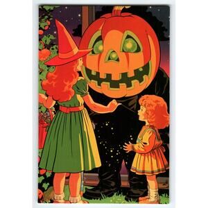 Vintage Halloween Photochrome Postcard Kids with Giant Jack-O'-Lantern